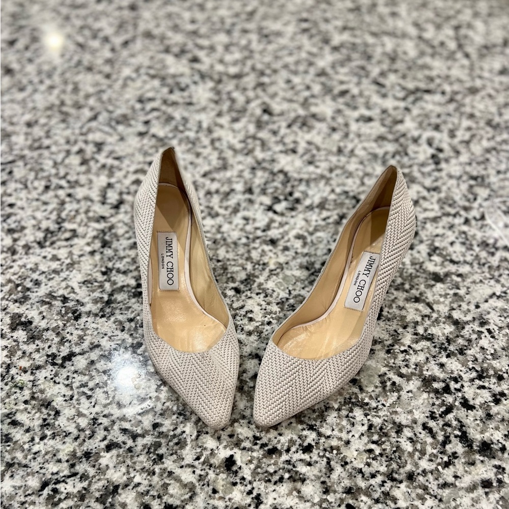 Jimmy Choo Beige Woven Pointed-Toe Heels